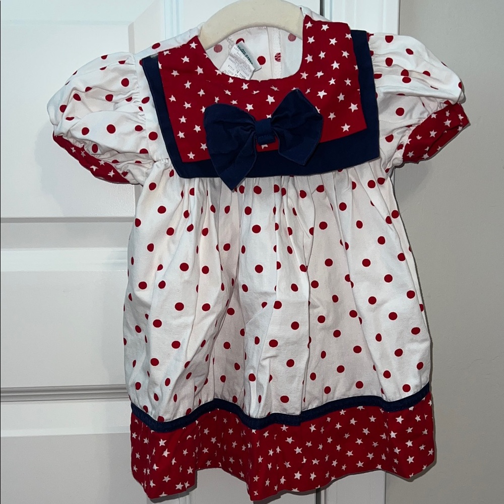 Peaches and Cream Patriotic Red and White Polka Dot Dress with Stars and Bow